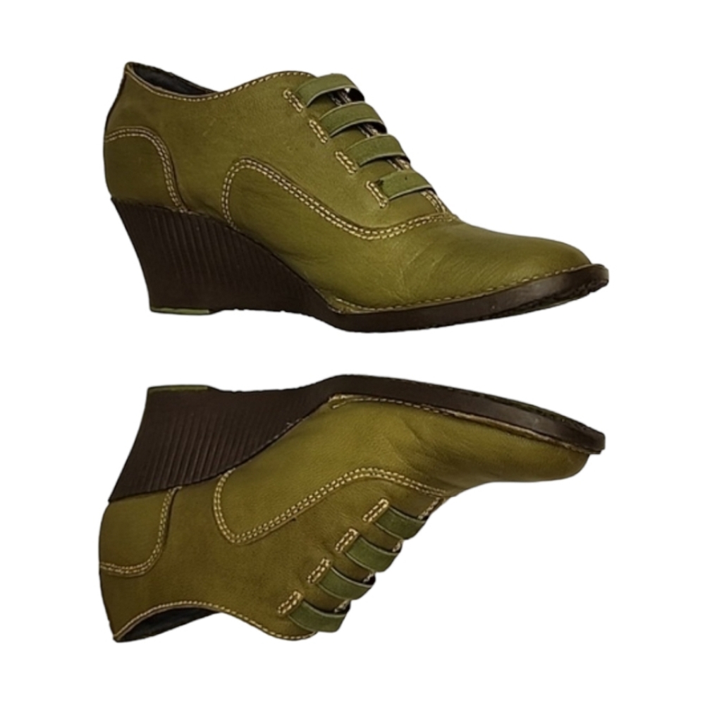 GROUNDHOG PORTUGAL Olive Leather Wedge Booties 7 37 Artsy Oxford Boots Slip On - Picture 7 of 16